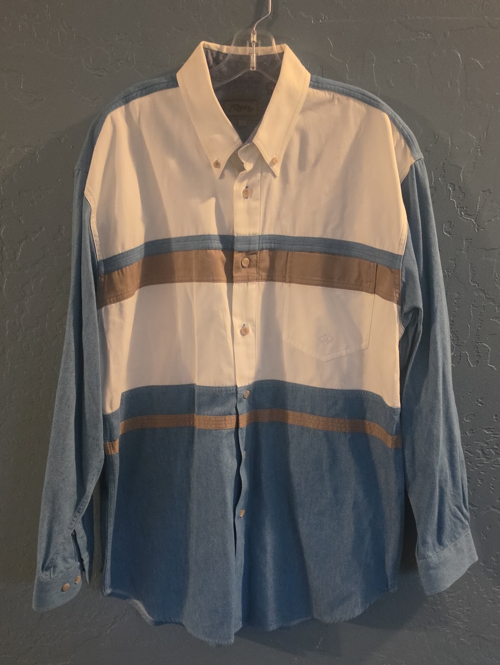 VTG Roper Men's Button-Down Colorblock Shirt in White, Blue & Brown